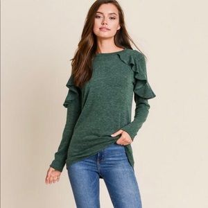 Green Ruffle Shoulder Sweater